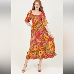 Angie‎ blood orange puff sleeve smocked tiered midi Sundress Summer dress size S